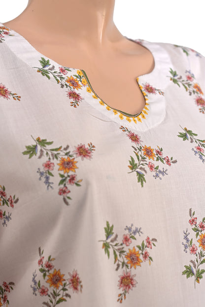 Scattered Floral Lawn Printed Short Kurti with Contrast Sleeves
