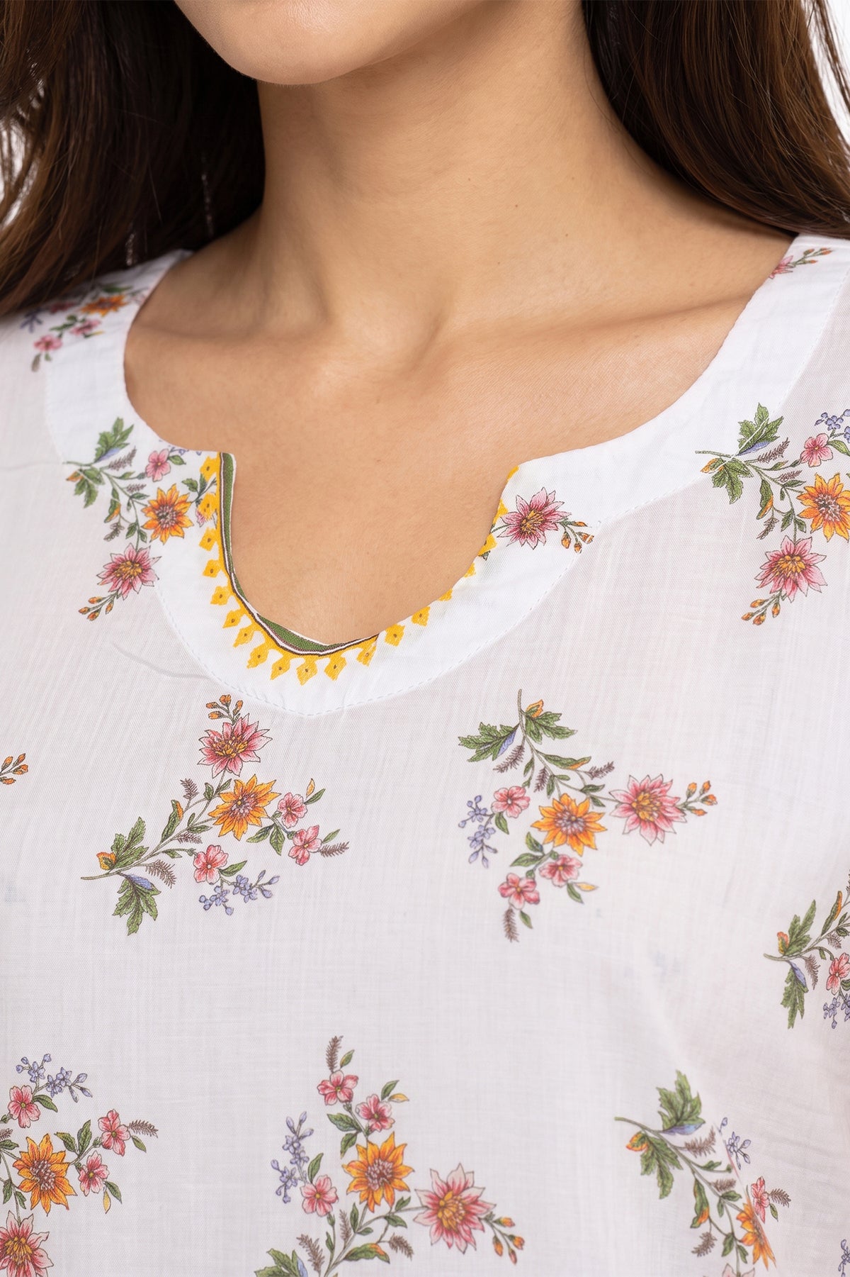 Scattered Floral Lawn Printed Short Kurti with Contrast Sleeves