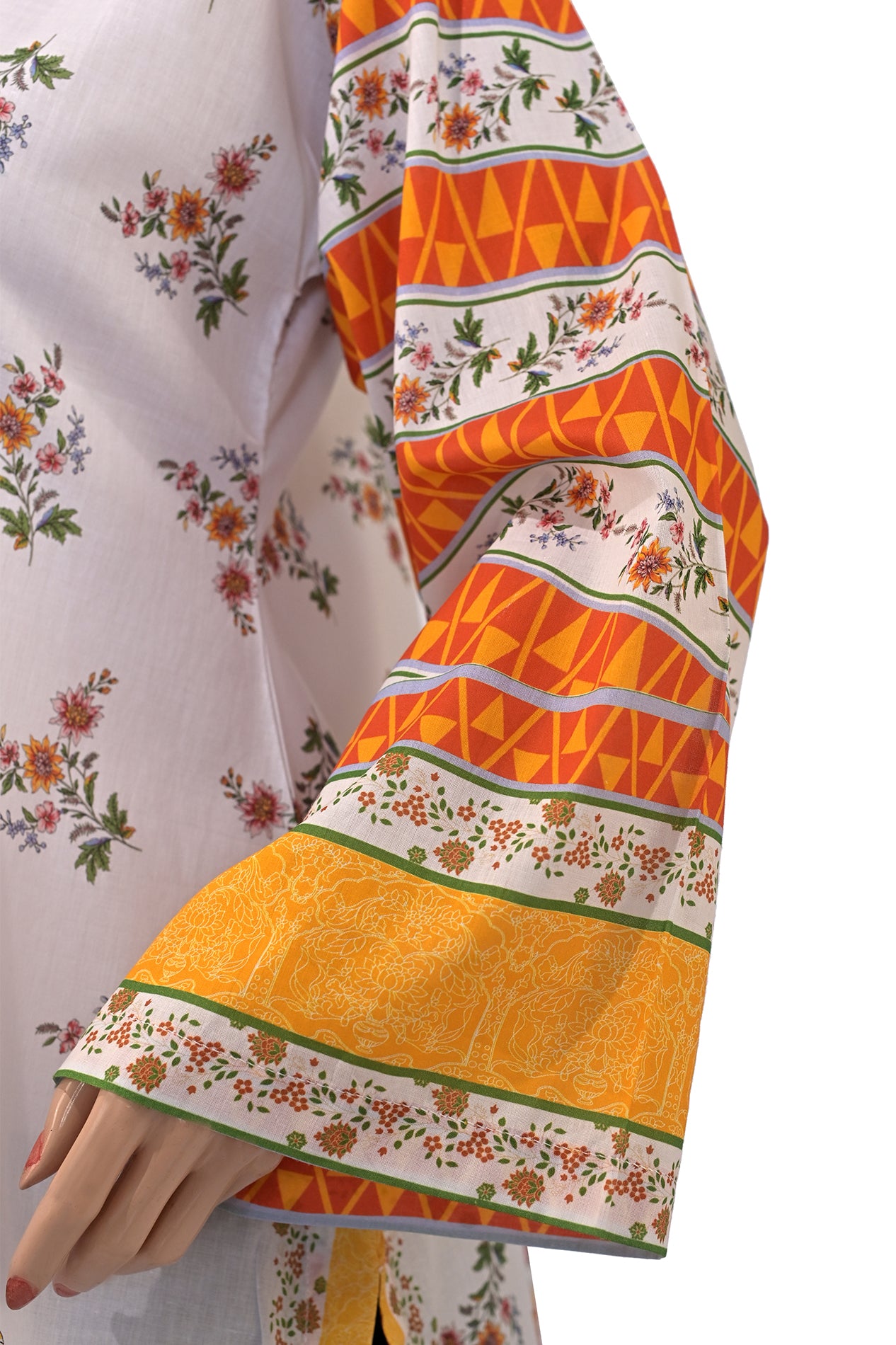 Scattered Floral Lawn Printed Short Kurti with Contrast Sleeves