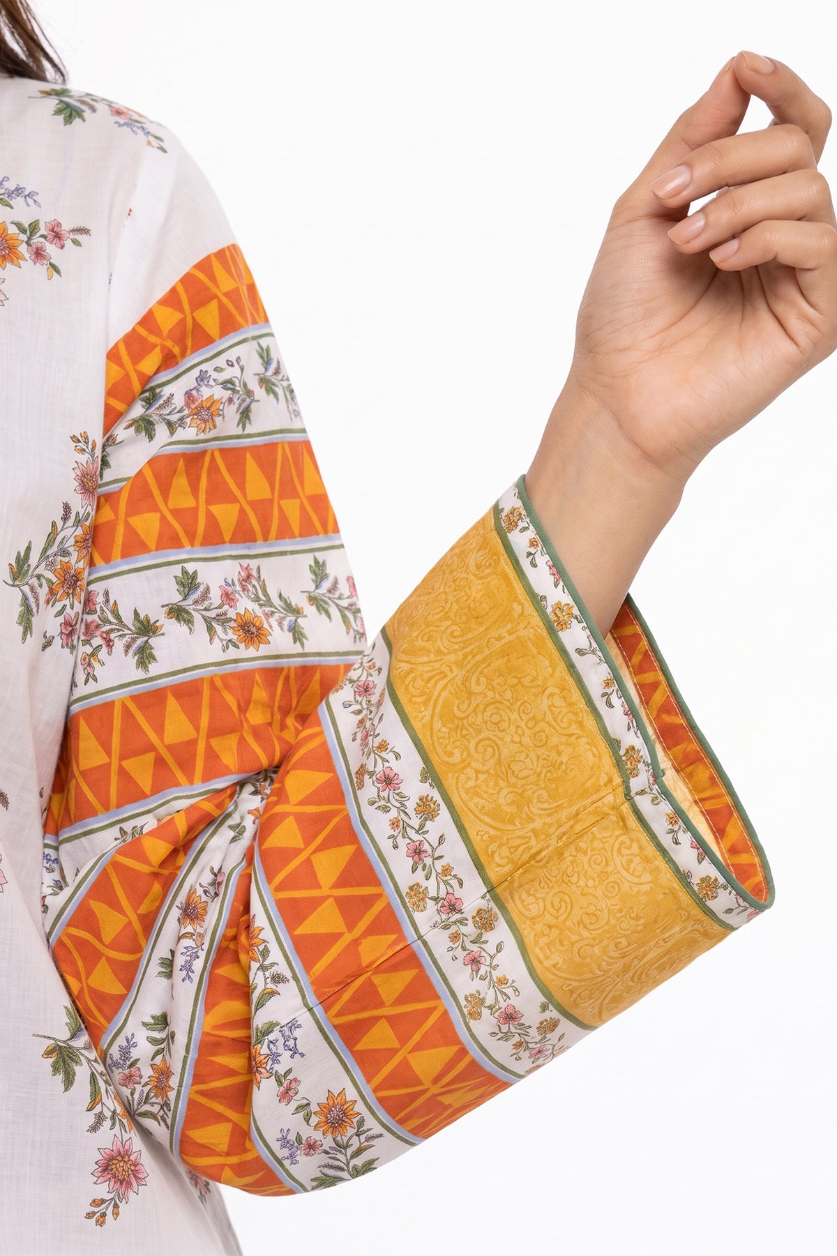 Scattered Floral Lawn Printed Short Kurti with Contrast Sleeves