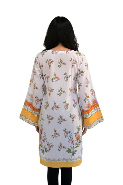Scattered Floral Lawn Printed Short Kurti with Contrast Sleeves