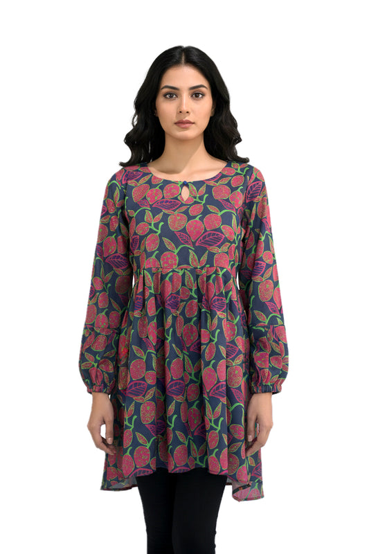Navy Fruit Print A-Line Lawn Short Frock with Puff Sleeves