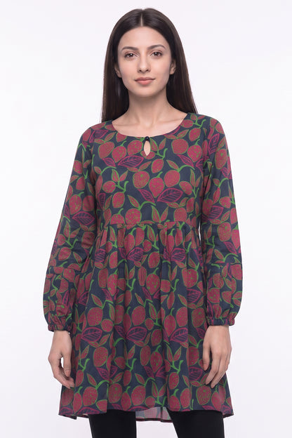 Navy Fruit Print A-Line Lawn Short Frock with Puff Sleeves
