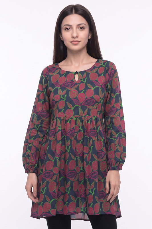 Navy Fruit Print A-Line Lawn Short Frock with Puff Sleeves