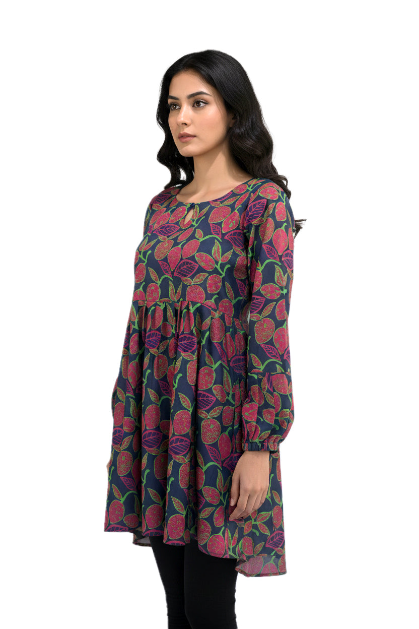 Navy Fruit Print A-Line Lawn Short Frock with Puff Sleeves