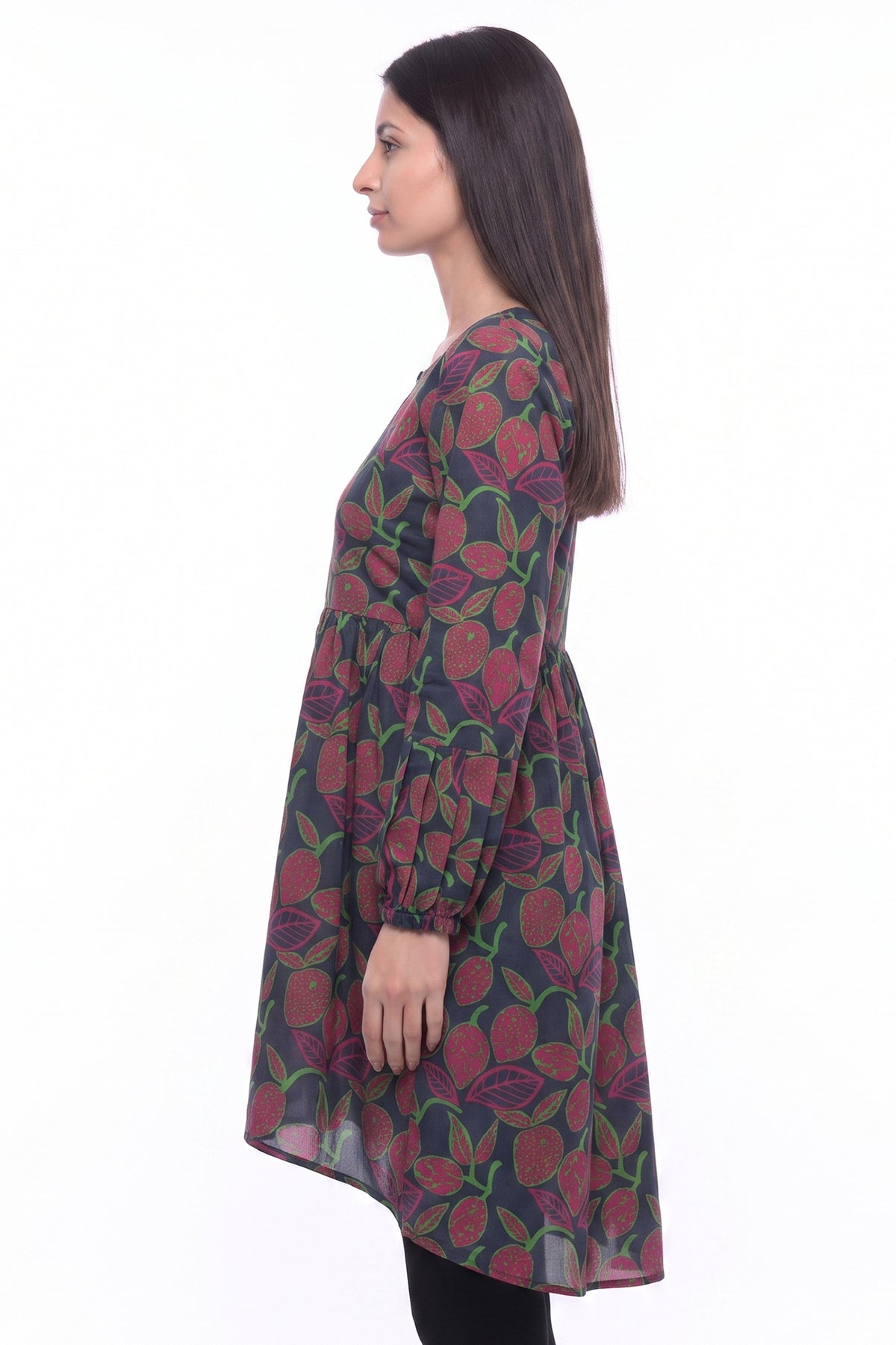 Navy Fruit Print A-Line Lawn Short Frock with Puff Sleeves