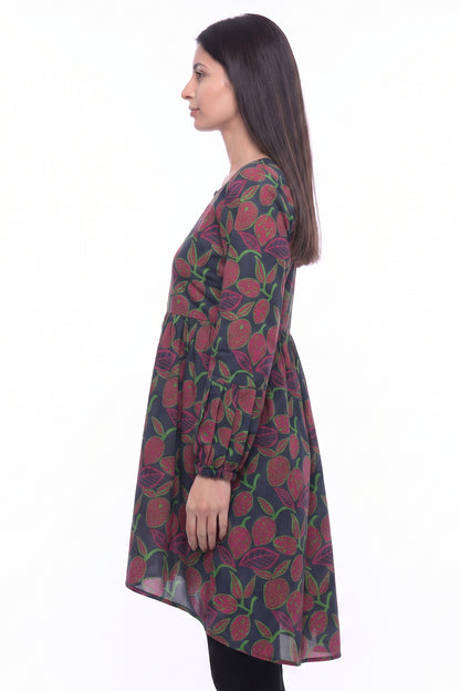 Navy Fruit Print A-Line Lawn Short Frock with Puff Sleeves