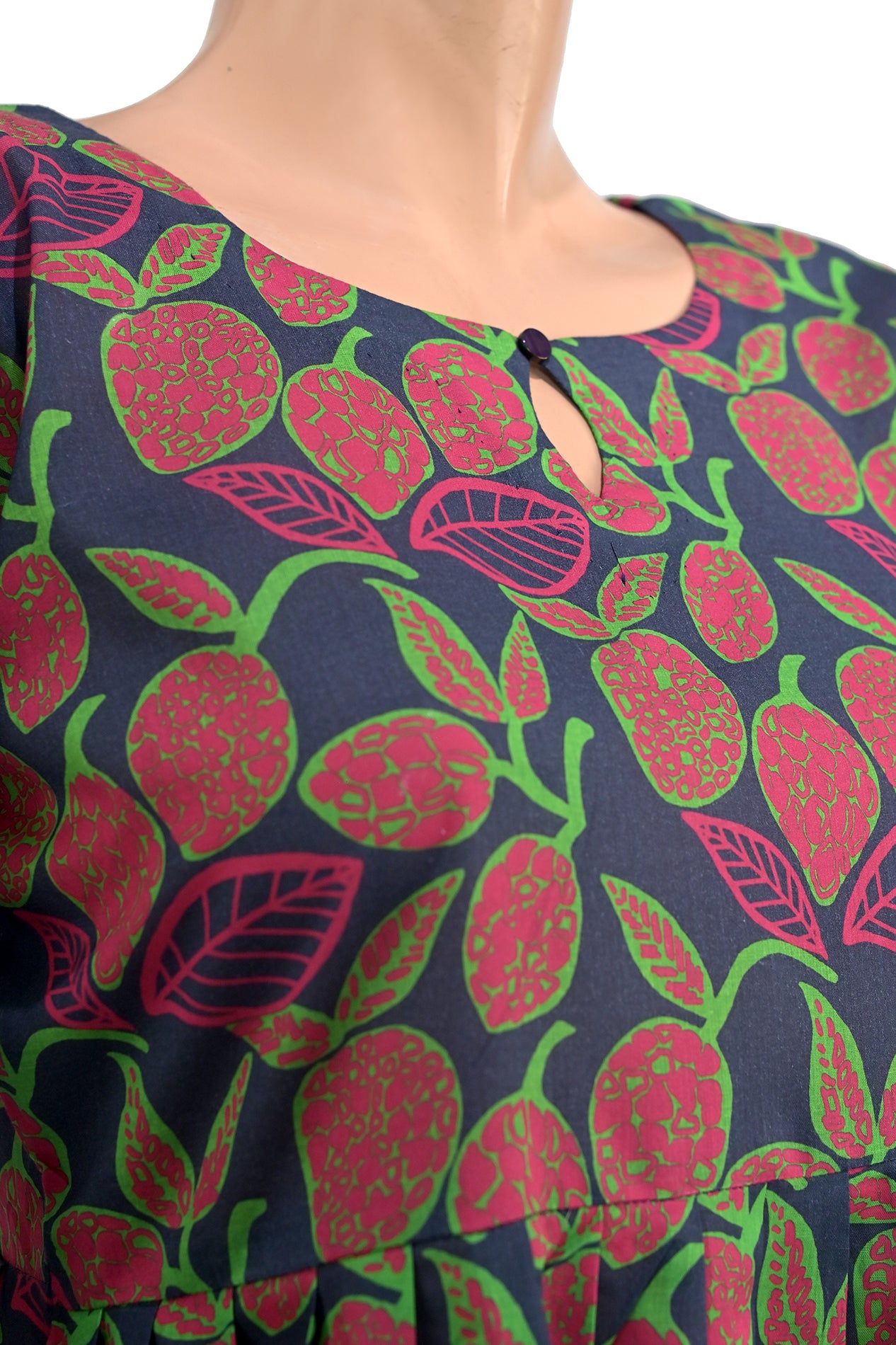 Navy Fruit Print A-Line Lawn Short Frock with Puff Sleeves