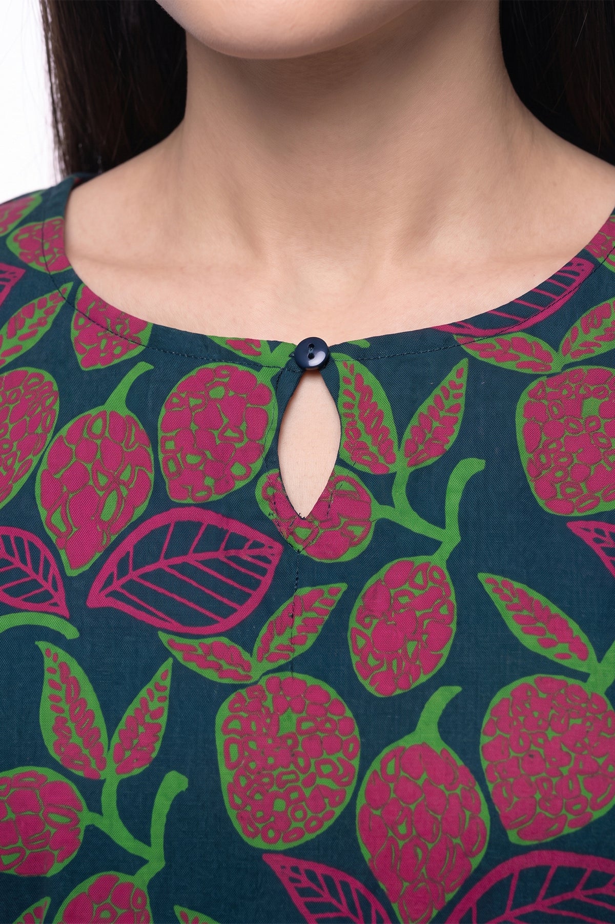 Navy Fruit Print A-Line Lawn Short Frock with Puff Sleeves