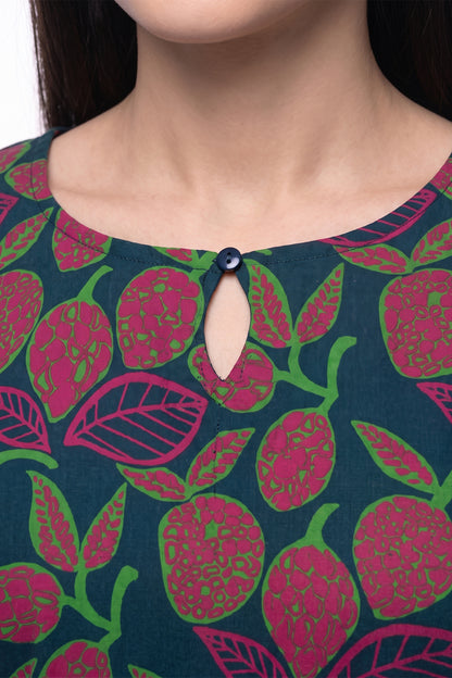 Navy Fruit Print A-Line Lawn Short Frock with Puff Sleeves
