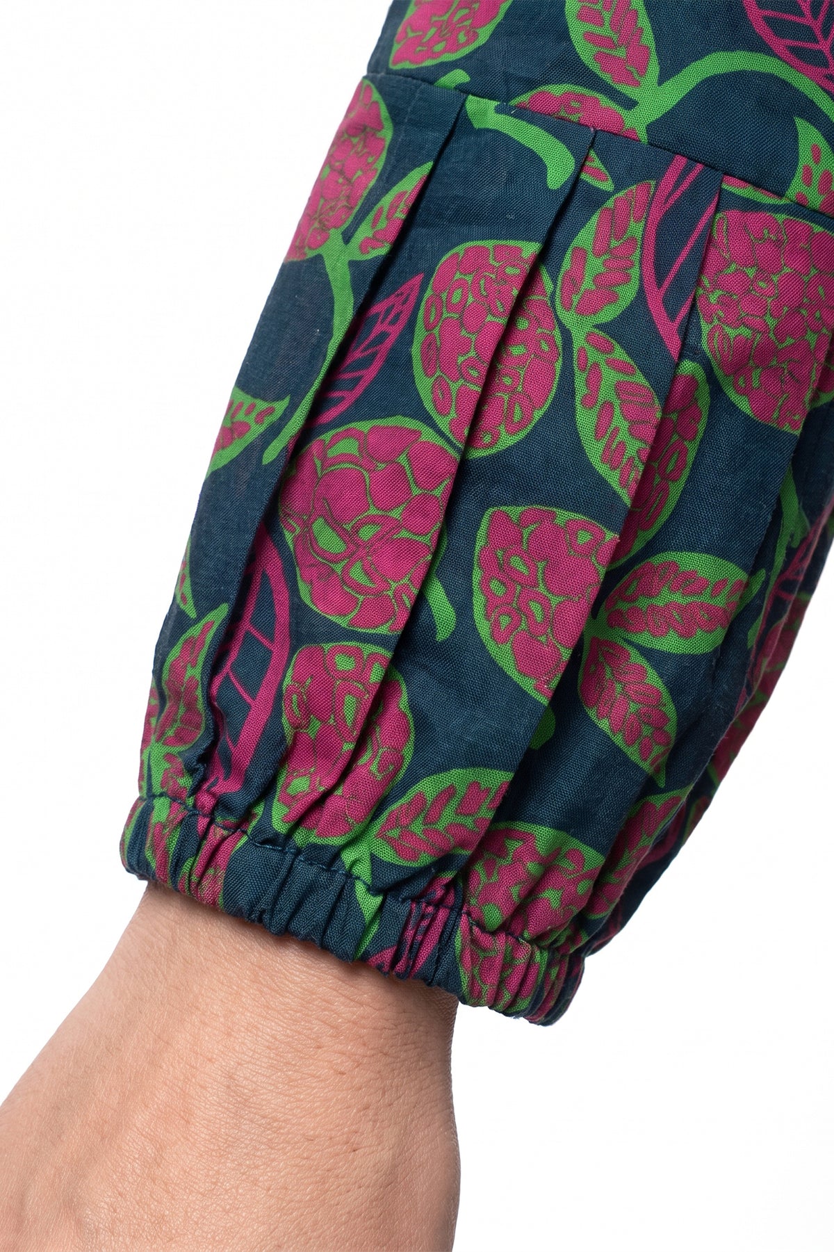 Navy Fruit Print A-Line Lawn Short Frock with Puff Sleeves