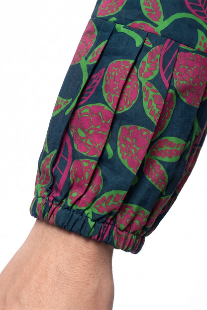 Navy Fruit Print A-Line Lawn Short Frock with Puff Sleeves