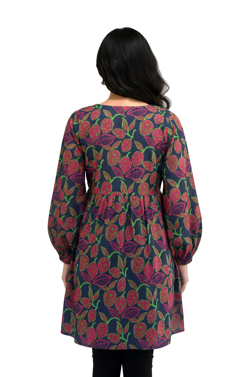 Navy Fruit Print A-Line Lawn Short Frock with Puff Sleeves