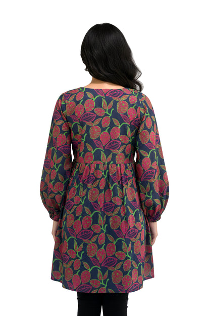 Navy Fruit Print A-Line Lawn Short Frock with Puff Sleeves