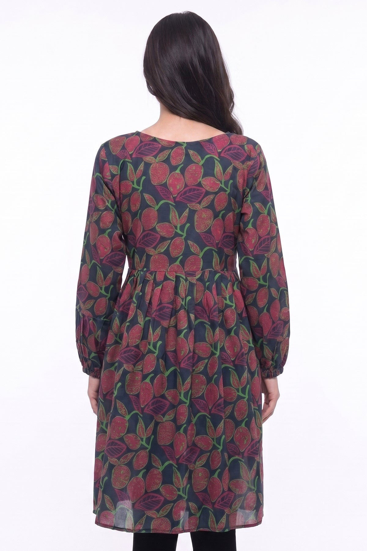 Navy Fruit Print A-Line Lawn Short Frock with Puff Sleeves
