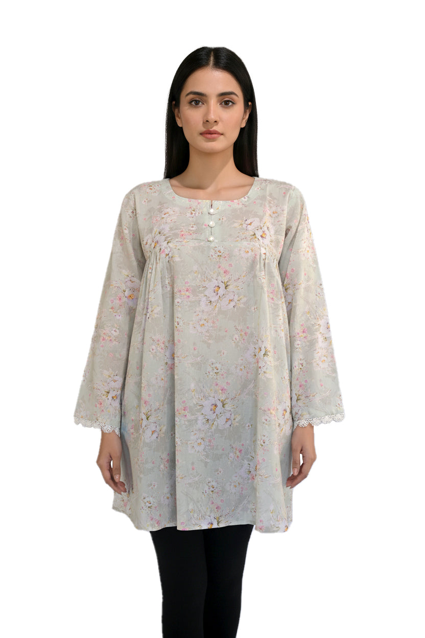 Sage Green Watercolour Floral Lawn Short Kurti with Lace Cuffs