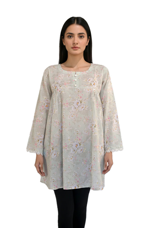 Sage Green Watercolour Floral Lawn Short Kurti with Lace Cuffs
