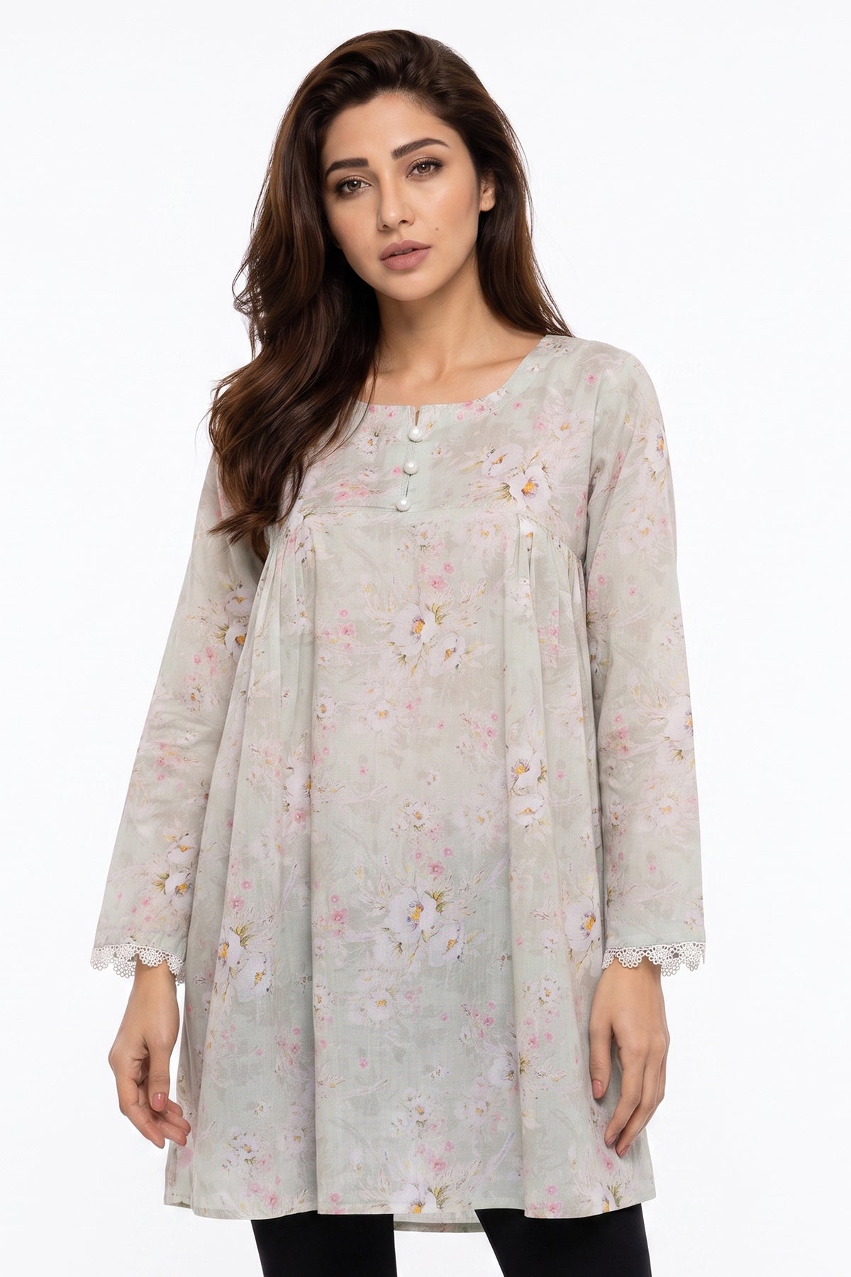 Sage Green Watercolour Floral Lawn Short Kurti with Lace Cuffs