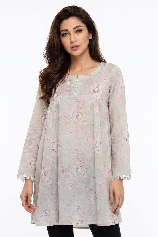 Sage Green Watercolour Floral Lawn Short Kurti with Lace Cuffs