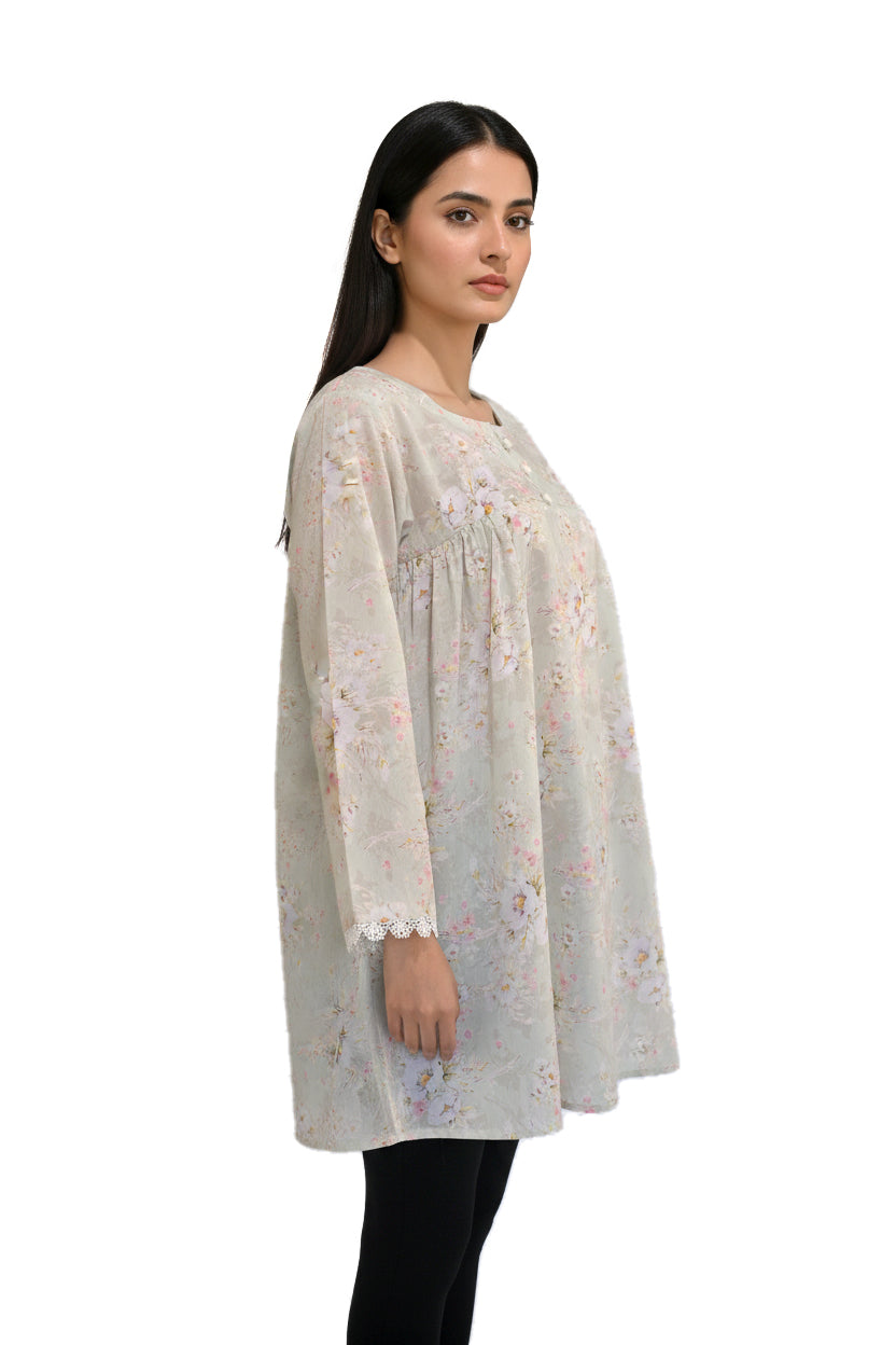 Sage Green Watercolour Floral Lawn Short Kurti with Lace Cuffs