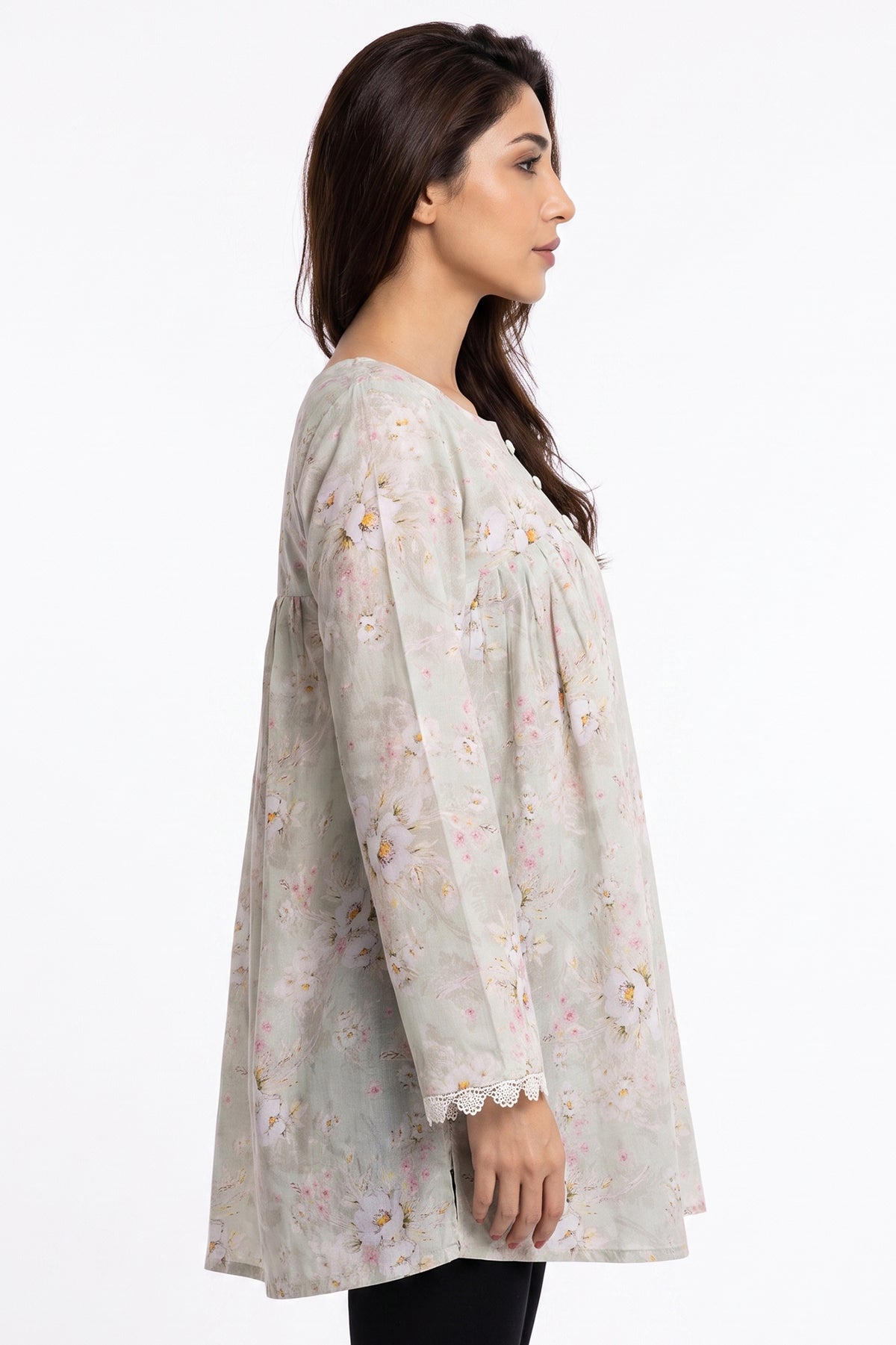 Sage Green Watercolour Floral Lawn Short Kurti with Lace Cuffs