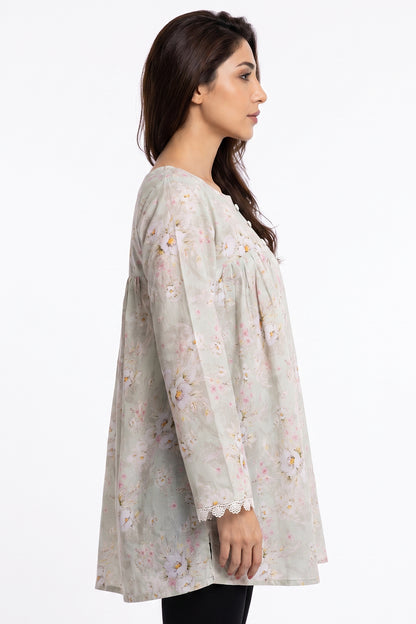 Sage Green Watercolour Floral Lawn Short Kurti with Lace Cuffs