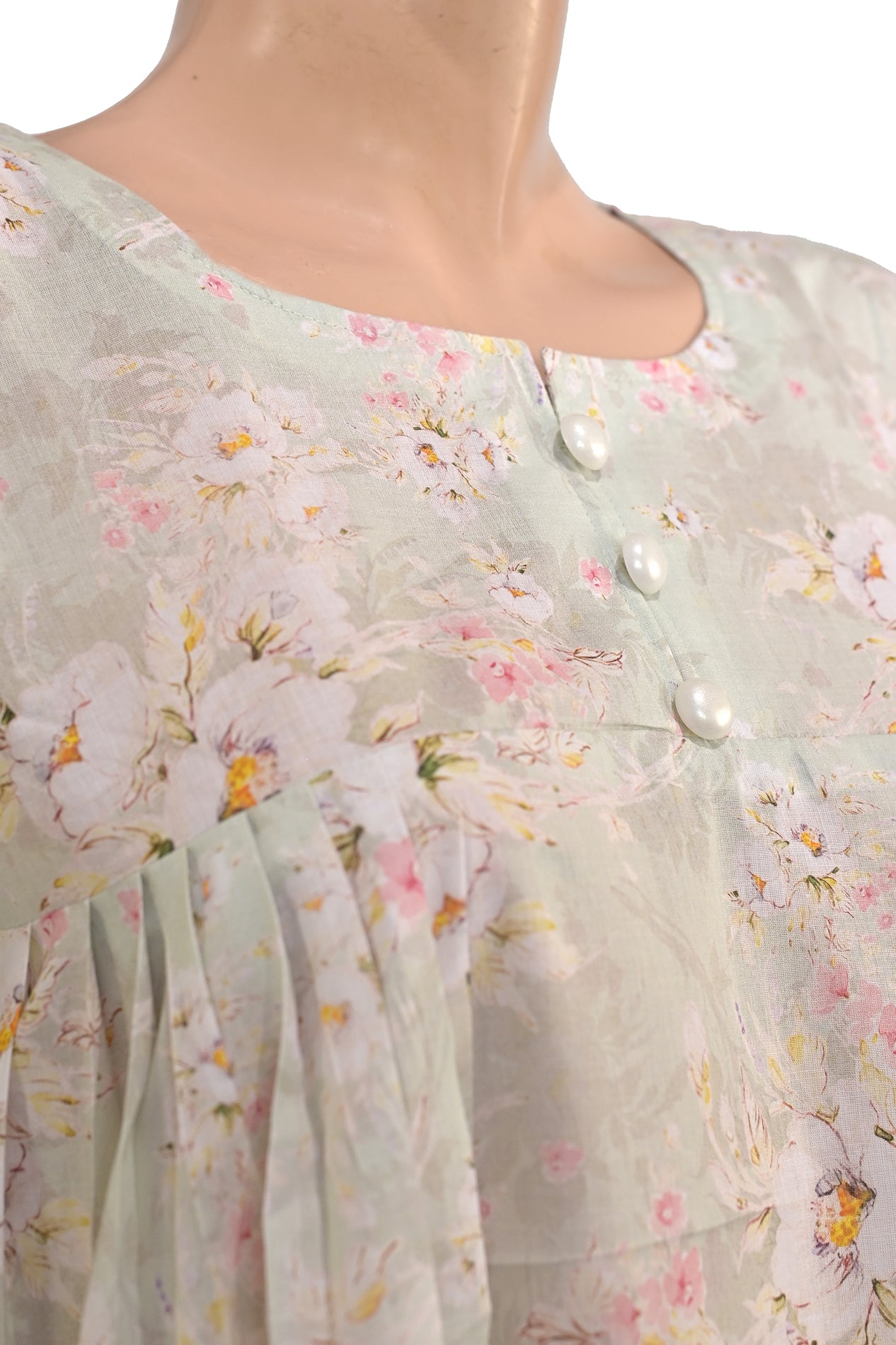 Sage Green Watercolour Floral Lawn Short Kurti with Lace Cuffs