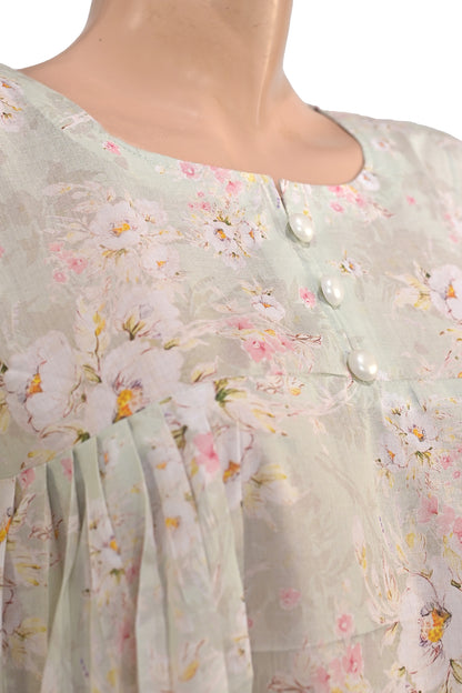 Sage Green Watercolour Floral Lawn Short Kurti with Lace Cuffs