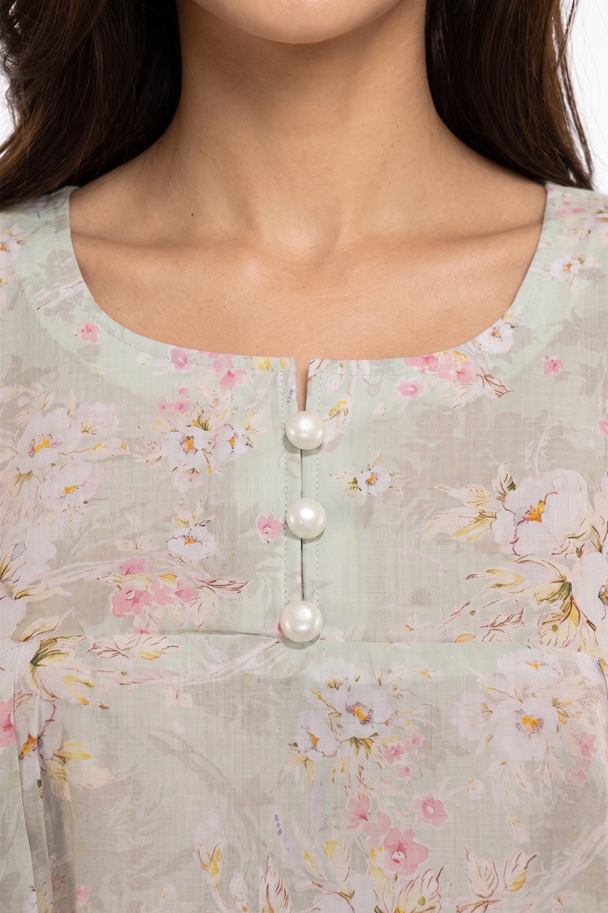 Sage Green Watercolour Floral Lawn Short Kurti with Lace Cuffs