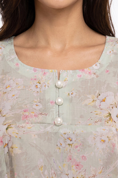 Sage Green Watercolour Floral Lawn Short Kurti with Lace Cuffs