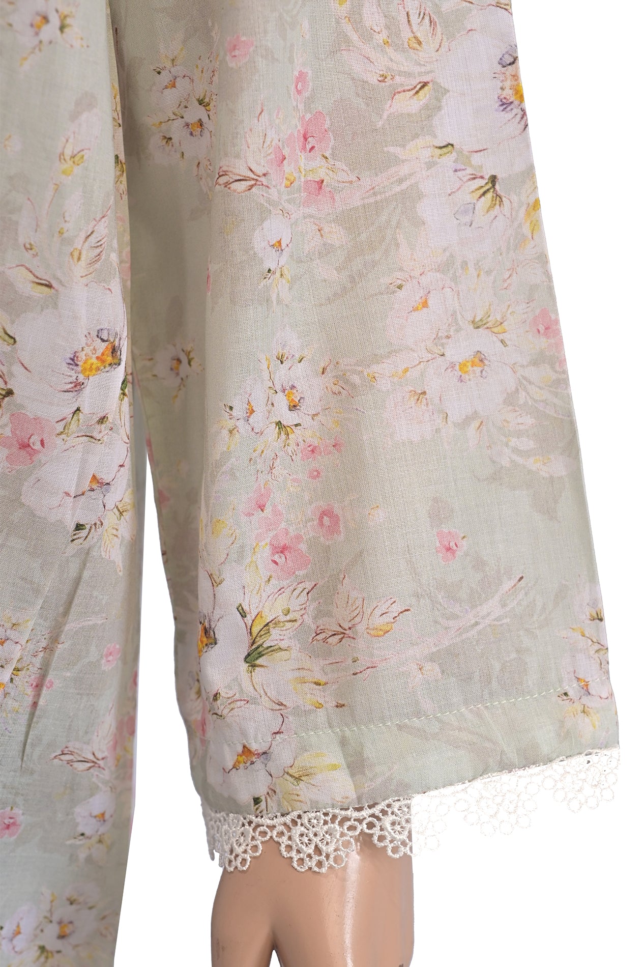 Sage Green Watercolour Floral Lawn Short Kurti with Lace Cuffs