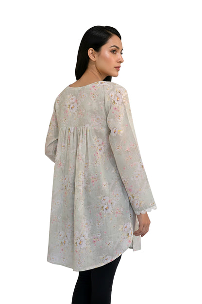 Sage Green Watercolour Floral Lawn Short Kurti with Lace Cuffs