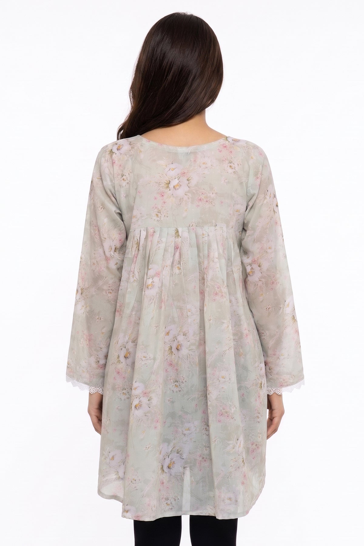 Sage Green Watercolour Floral Lawn Short Kurti with Lace Cuffs