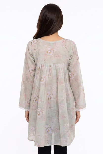 Sage Green Watercolour Floral Lawn Short Kurti with Lace Cuffs