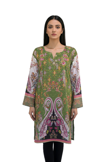 Olive Green Paisley Lawn Printed Short Kurti