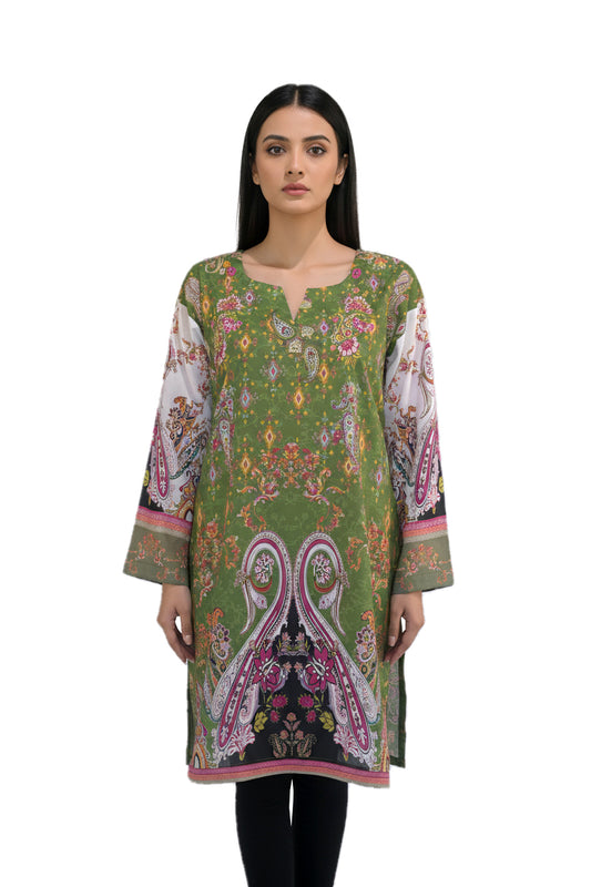 Olive Green Paisley Lawn Printed Short Kurti