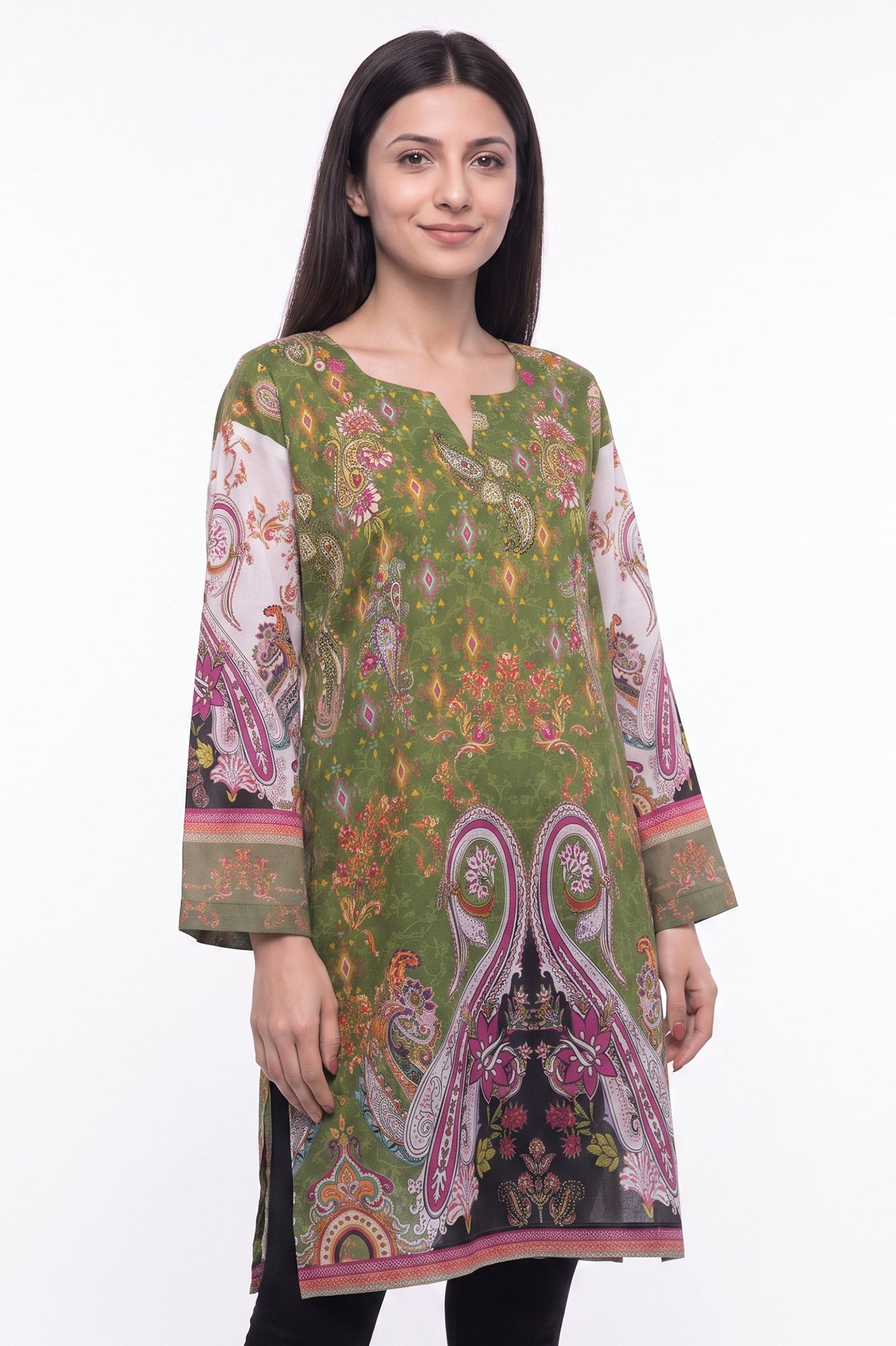Olive Green Paisley Lawn Printed Short Kurti