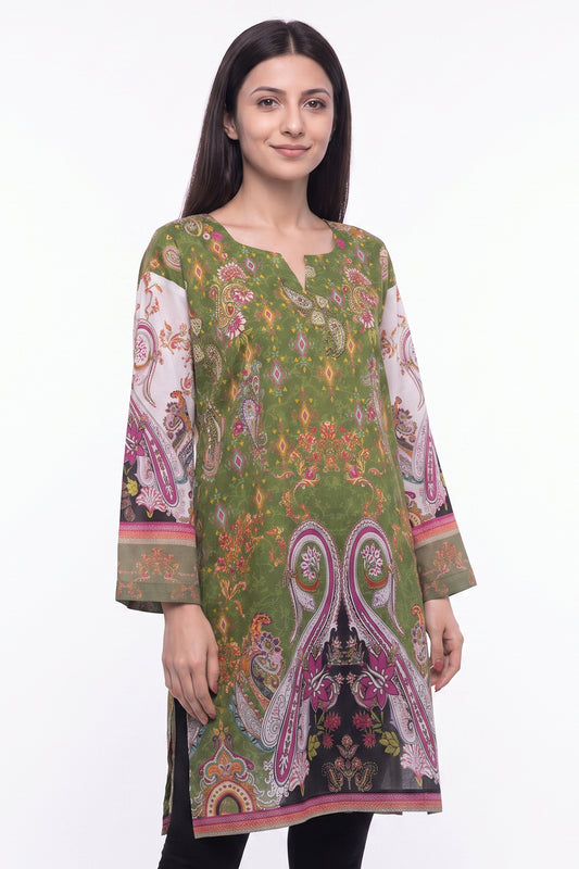 Olive Green Paisley Lawn Printed Short Kurti