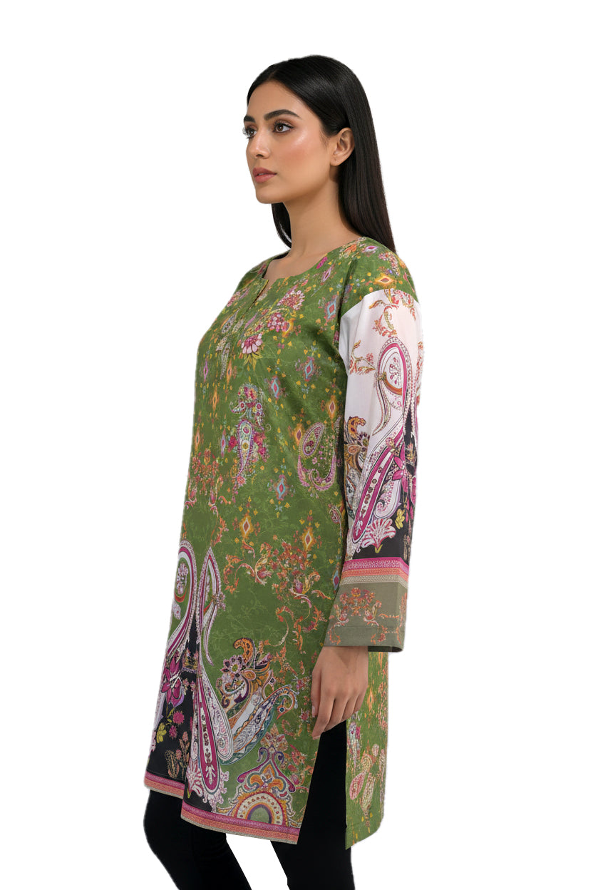 Olive Green Paisley Lawn Printed Short Kurti