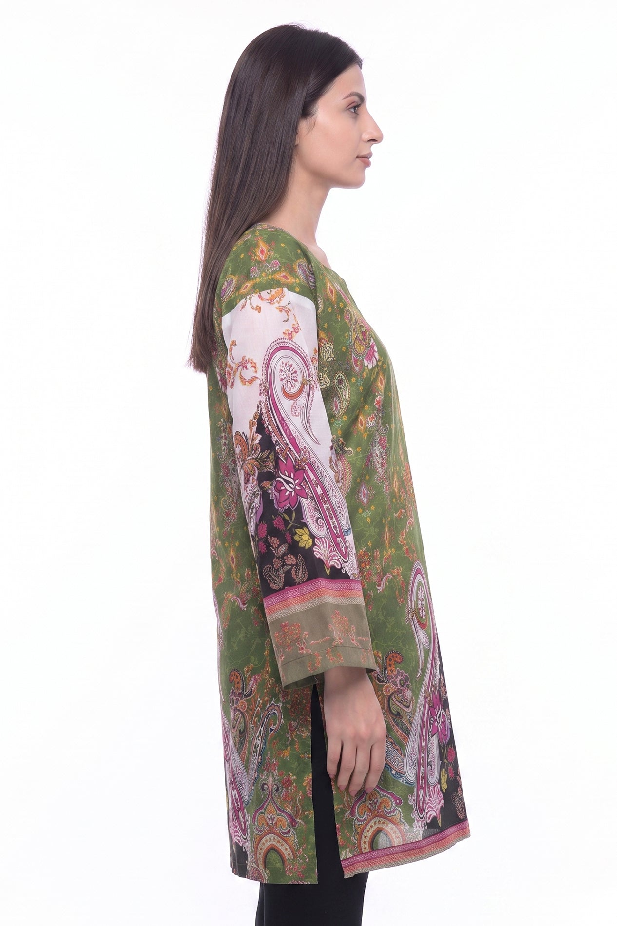 Olive Green Paisley Lawn Printed Short Kurti