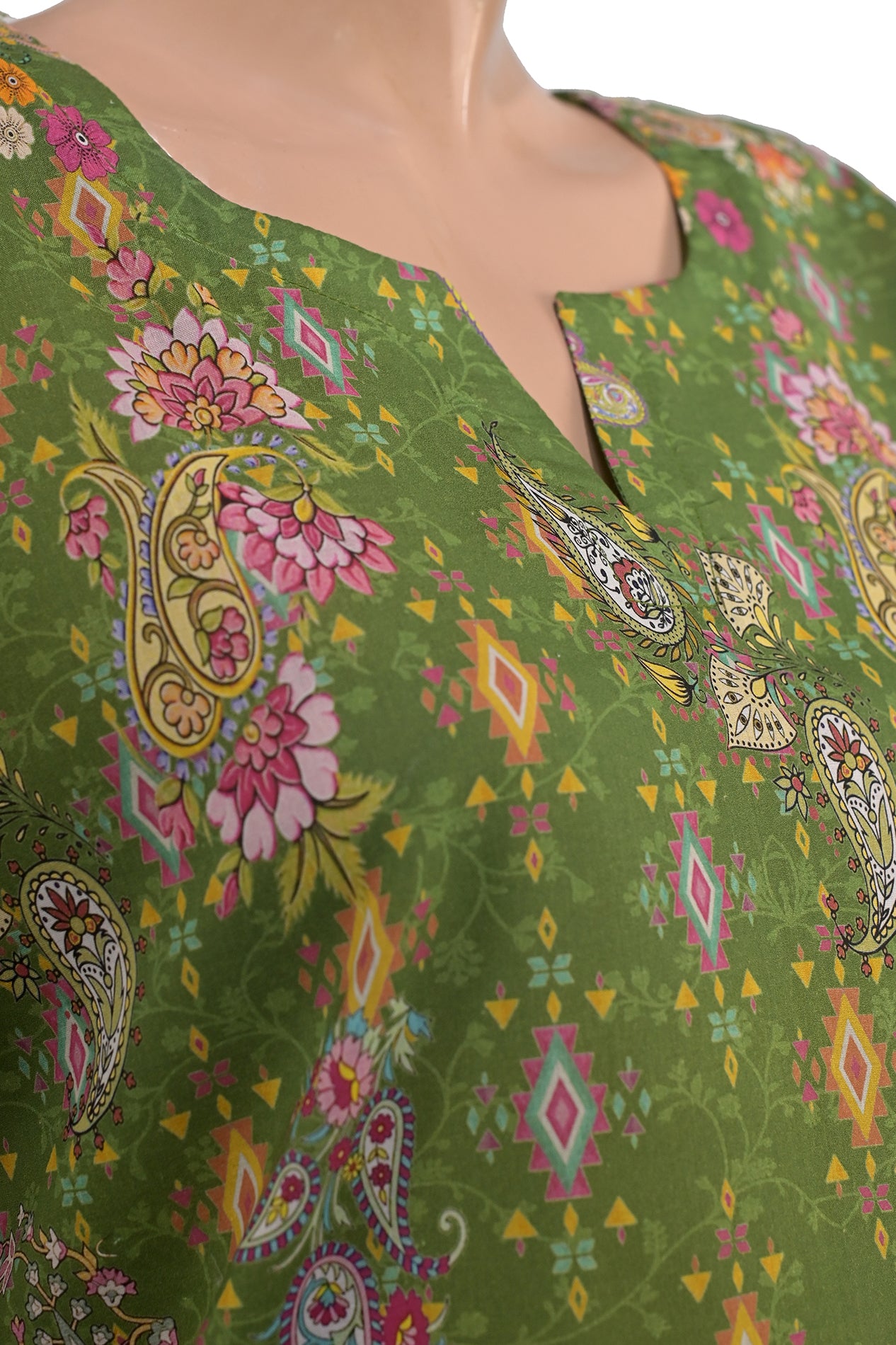 Olive Green Paisley Lawn Printed Short Kurti