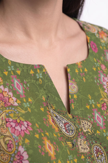 Olive Green Paisley Lawn Printed Short Kurti