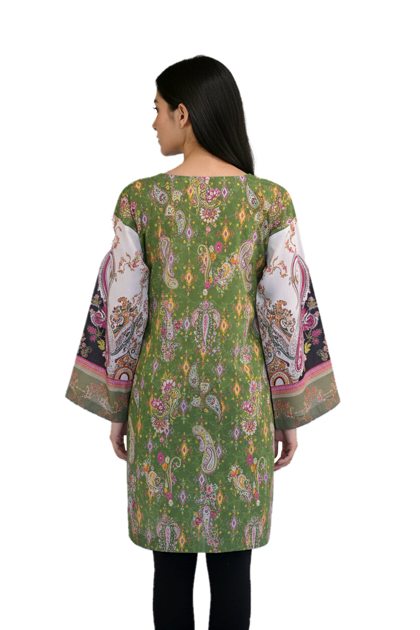 Olive Green Paisley Lawn Printed Short Kurti