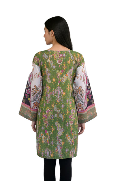 Olive Green Paisley Lawn Printed Short Kurti