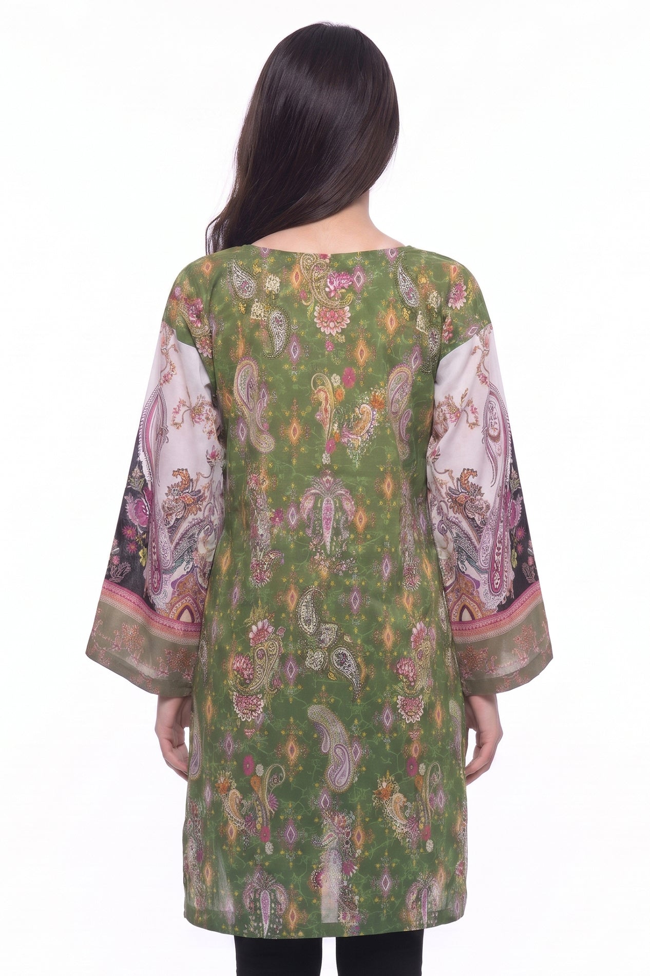 Olive Green Paisley Lawn Printed Short Kurti