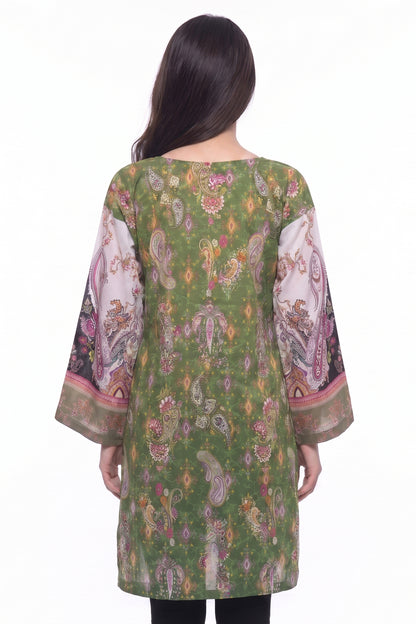 Olive Green Paisley Lawn Printed Short Kurti
