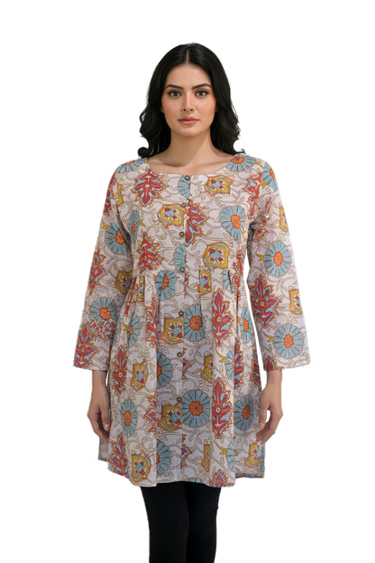 Cream Kalamkari Floral Lawn Printed A-Line Short Kurti