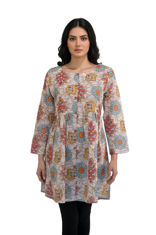 Cream Kalamkari Floral Lawn Printed A-Line Short Kurti