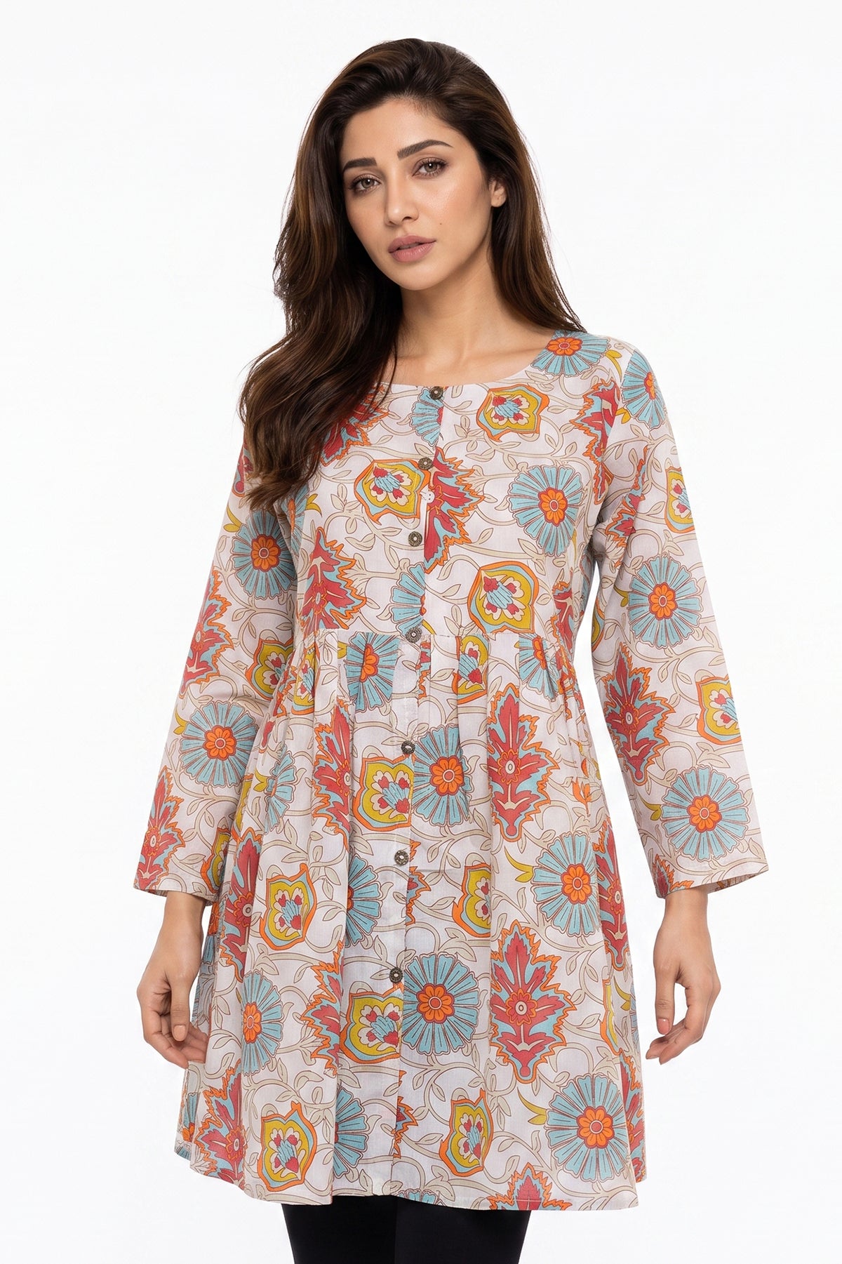 Cream Kalamkari Floral Lawn Printed A-Line Short Kurti