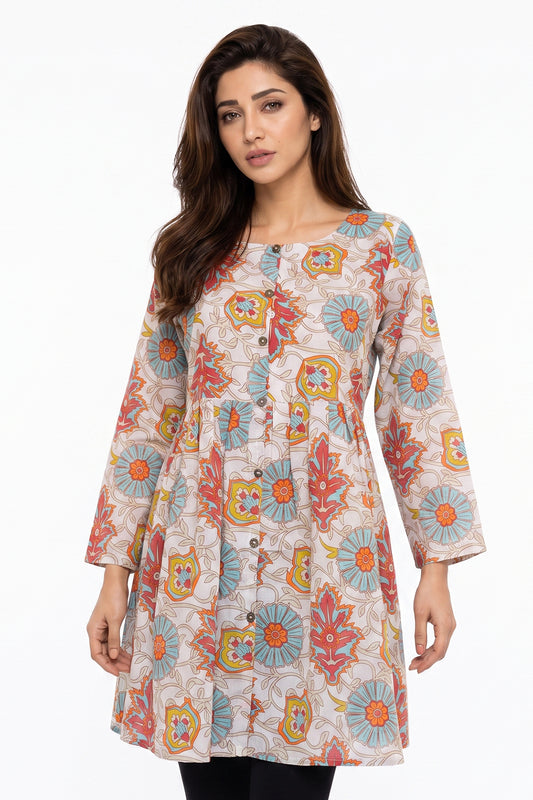 Cream Kalamkari Floral Lawn Printed A-Line Short Kurti